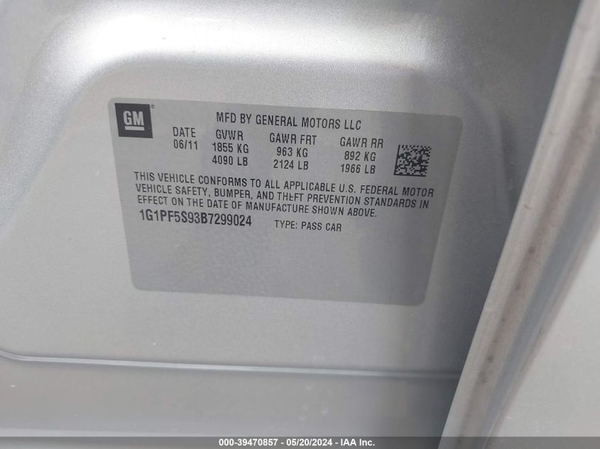 2011 Chevrolet Cruze 1Lt VIN: 1G1PF5S93B7299024 Lot: 39470857