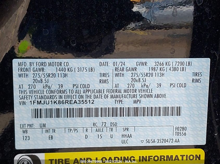 2024 Ford Expedition Limited VIN: 1FMJU1K86REA35512 Lot: 39470860