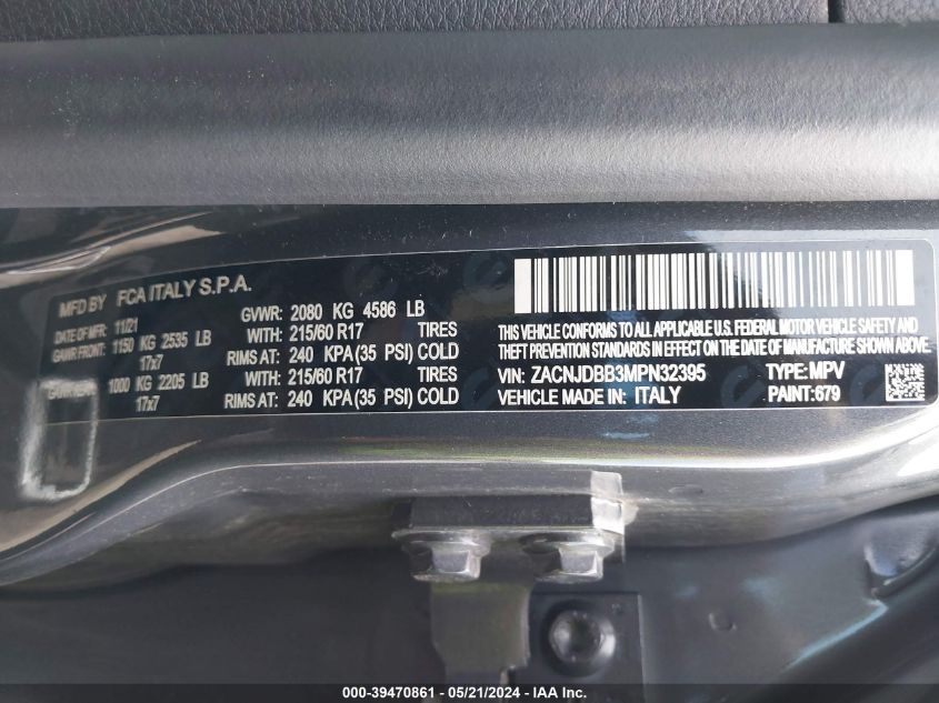 2021 Jeep Renegade Latitude 4X4 VIN: ZACNJDBB3MPN32395 Lot: 39470861