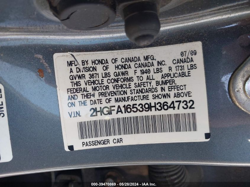 2009 Honda Civic Lx VIN: 2HGFA16539H364732 Lot: 39470869