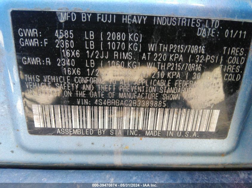 2011 Subaru Outback 2.5I VIN: 4S4BRBAC2B3389885 Lot: 39470874