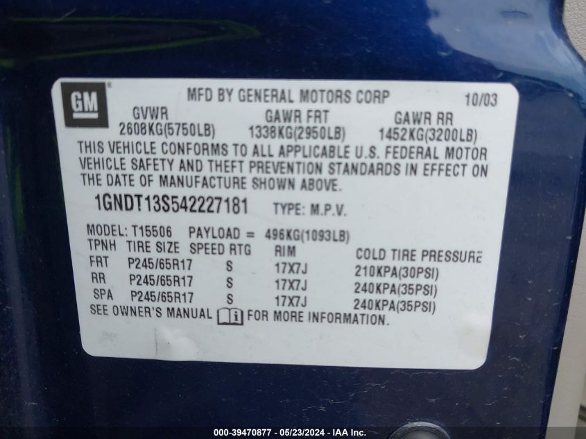 2004 Chevrolet Trailblazer Lt VIN: 1GNDT13S542227181 Lot: 39470877