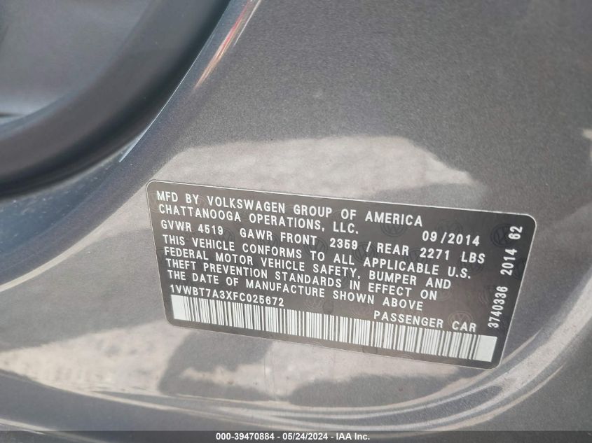 2015 VOLKSWAGEN PASSAT 1.8T SE - 1VWBT7A3XFC025672