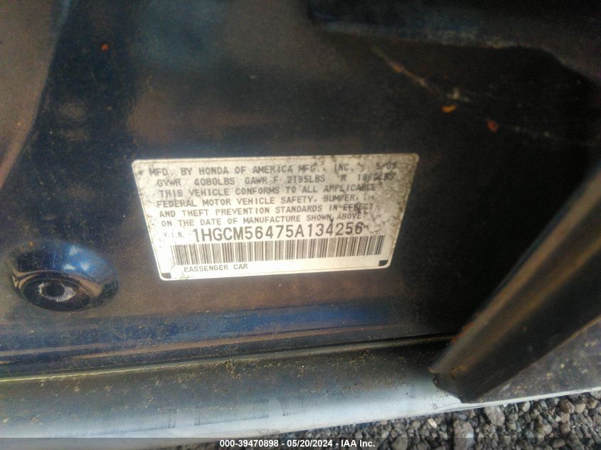 2005 Honda Accord 2.4 Lx VIN: 1HGCM56475A134256 Lot: 39470898