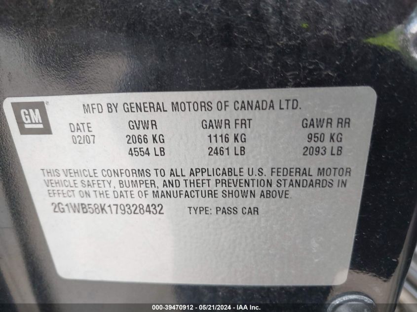 2007 Chevrolet Impala Ls VIN: 2G1WB58K179328432 Lot: 39470912