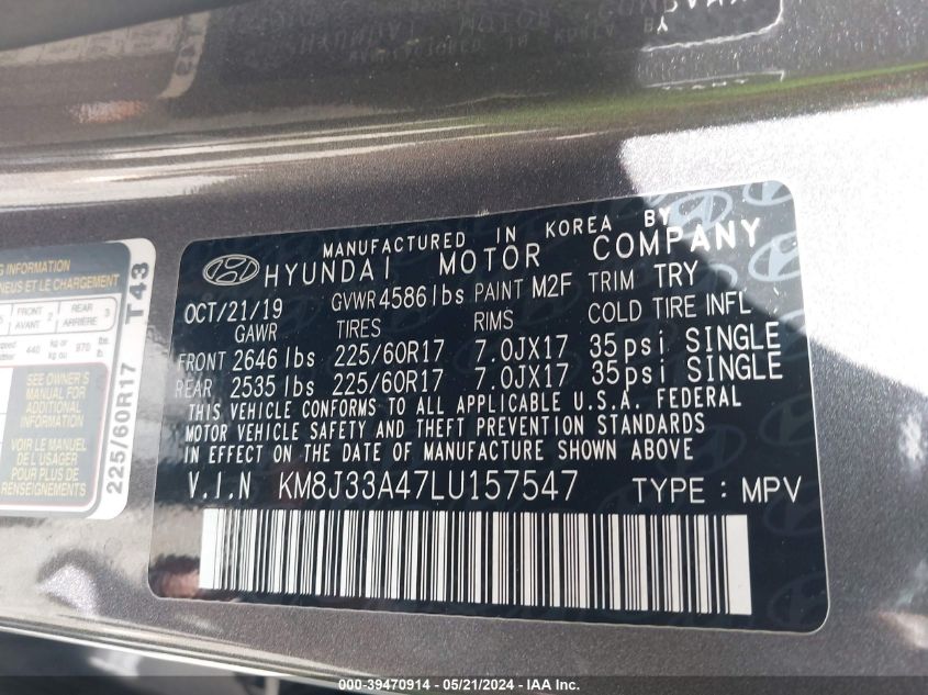 2020 Hyundai Tucson Value VIN: KM8J33A47LU157547 Lot: 39470914