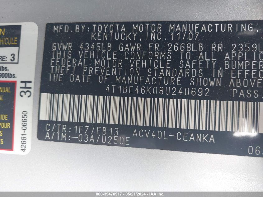 2008 Toyota Camry Le VIN: 4T1BE46K08U240692 Lot: 39470917