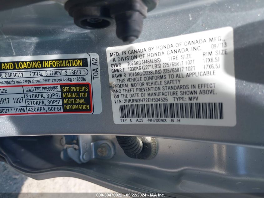 2014 Honda Cr-V Ex-L VIN: 2HKRM3H72EH504526 Lot: 39470922