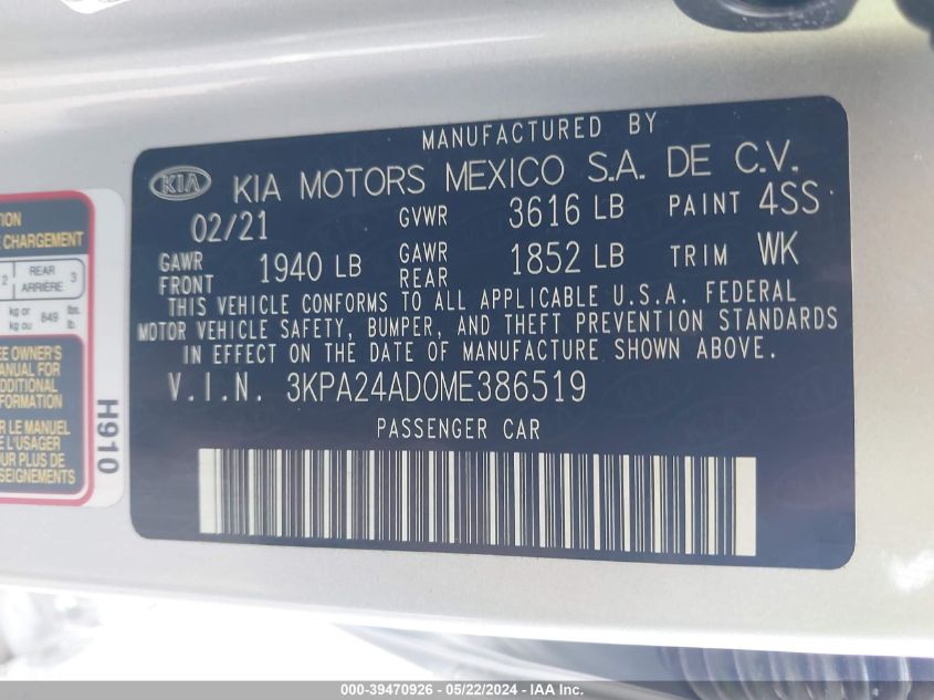 2021 Kia Rio S VIN: 3KPA24AD0ME386519 Lot: 39470926