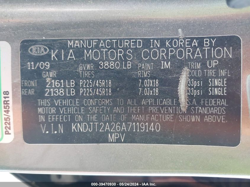 2010 Kia Soul ! VIN: KNDJT2A26A7119140 Lot: 39470930
