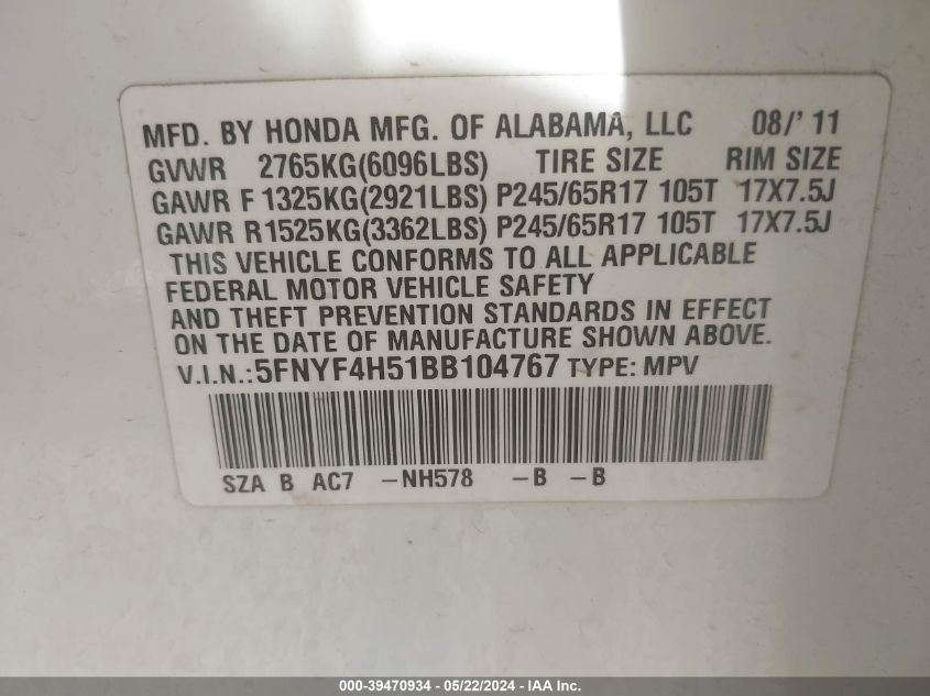2011 Honda Pilot Ex-L VIN: 5FNYF4H51BB104767 Lot: 39470934
