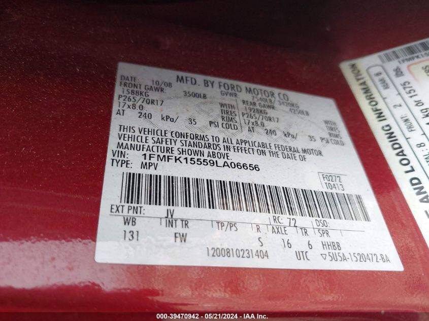 2009 Ford Expedition El Xlt VIN: 1FMFK15559LA06656 Lot: 39470942