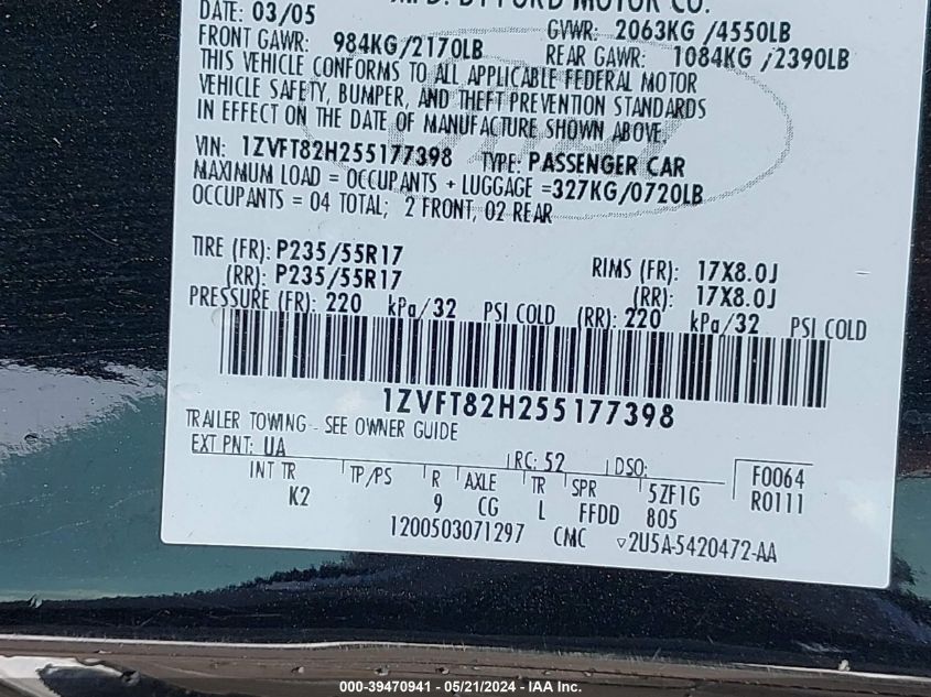 2005 Ford Mustang Gt Deluxe/Gt Premium VIN: 1ZVFT82H255177398 Lot: 39470941