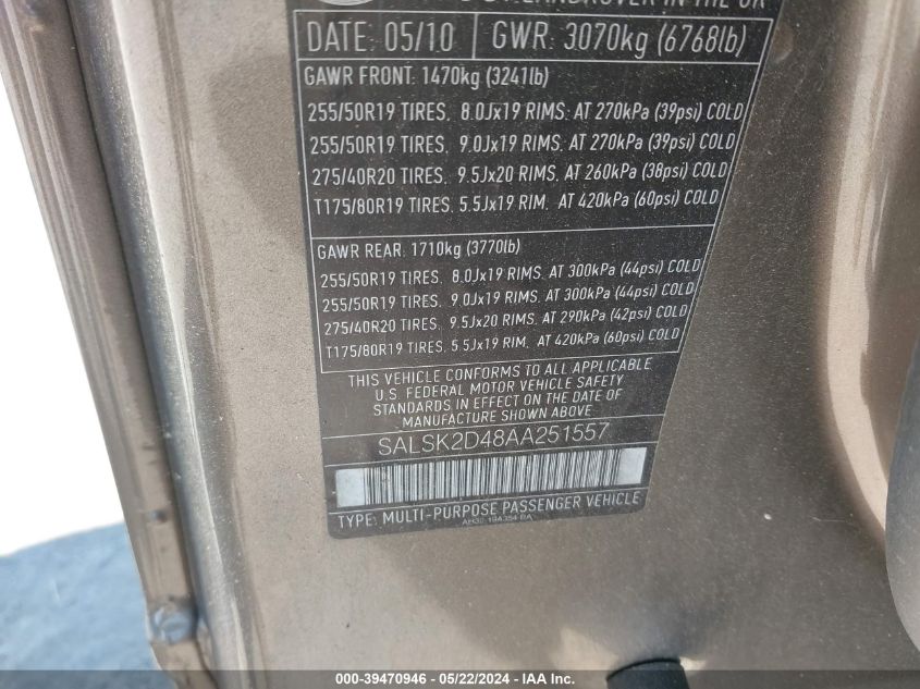 2010 Land Rover Range Rover Sport Hse VIN: SALSK2D48AA251557 Lot: 39470946