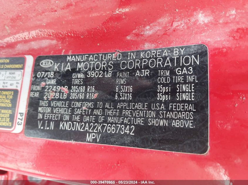2019 Kia Soul VIN: KNDJN2A22K7667342 Lot: 39470955