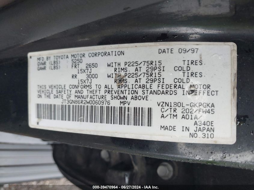 1998 Toyota 4Runner Sr5 V6 VIN: JT3GN86R2W0060976 Lot: 39470964