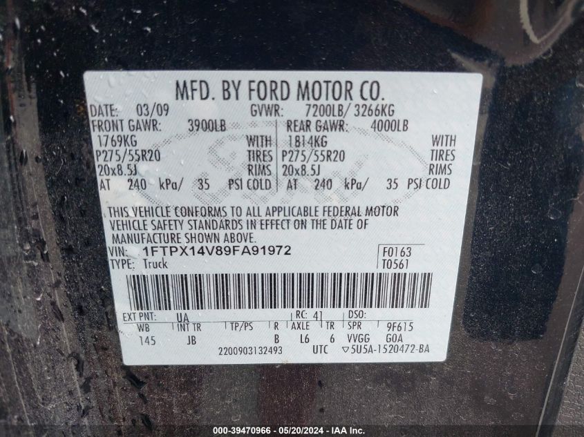 2009 Ford F-150 Fx4 VIN: 1FTPX14V89FA91972 Lot: 39470966