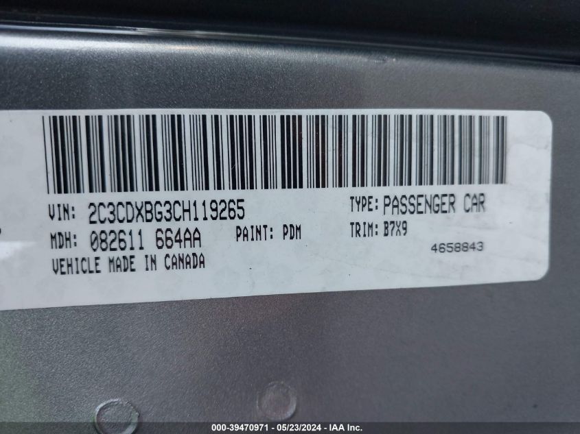 2012 Dodge Charger Se VIN: 2C3CDXBG3CH119265 Lot: 39470971