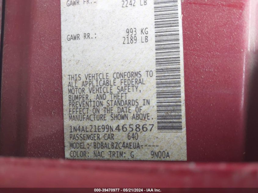 2009 Nissan Altima 2.5 S VIN: 1N4AL21E99N465867 Lot: 39470977