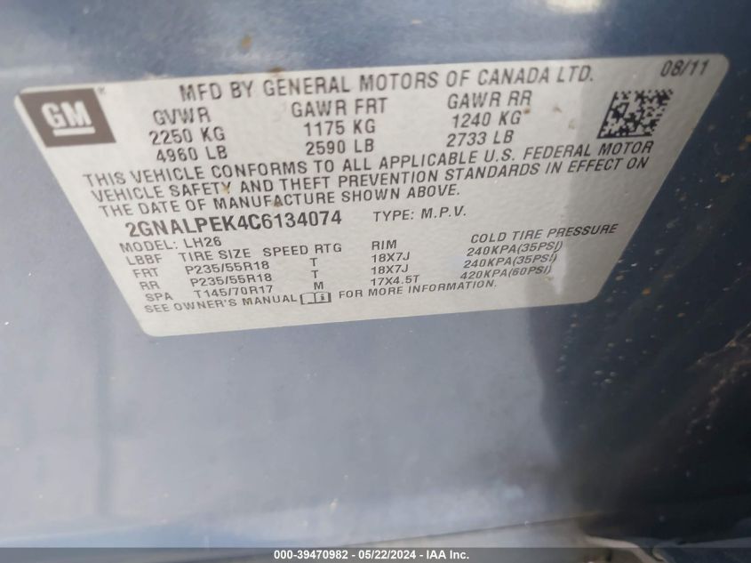 2012 Chevrolet Equinox 2Lt VIN: 2GNALPEK4C6134074 Lot: 39470982