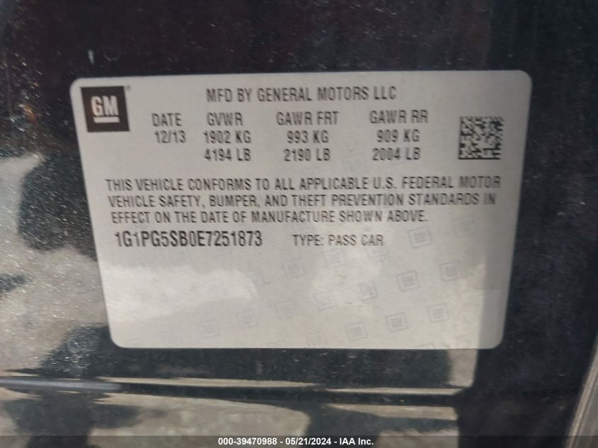 2014 Chevrolet Cruze Ltz VIN: 1G1PG5SB0E7251873 Lot: 39470988