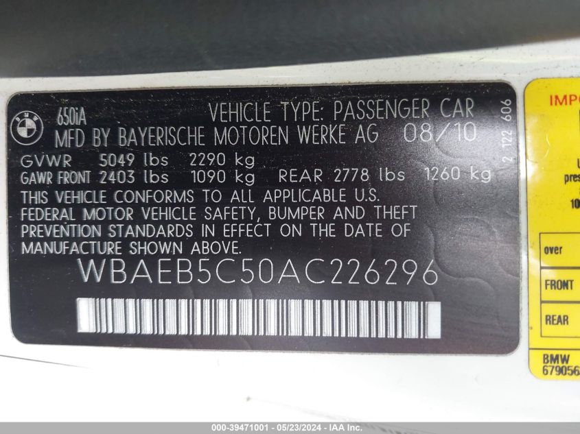 2010 BMW 650I VIN: WBAEB5C50AC226296 Lot: 39471001