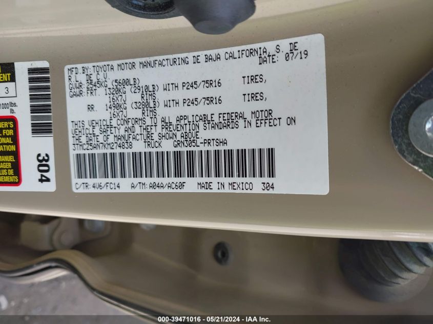 2019 Toyota Tacoma Sr5 V6 VIN: 3TMCZ5AN7KM274838 Lot: 39471016