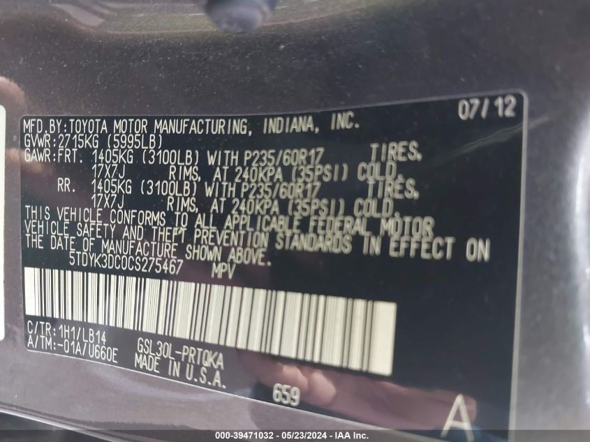 2012 Toyota Sienna Xle V6 8 Passenger VIN: 5TDYK3DC0CS275467 Lot: 39471032