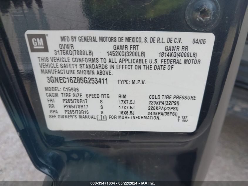 2005 Chevrolet Suburban 1500 Lt VIN: 3GNEC16Z85G253411 Lot: 39471034
