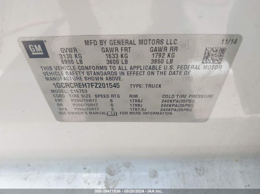 2015 Chevrolet Silverado 1500 1Lt VIN: 1GCRCREH7FZ201545 Lot: 39471036