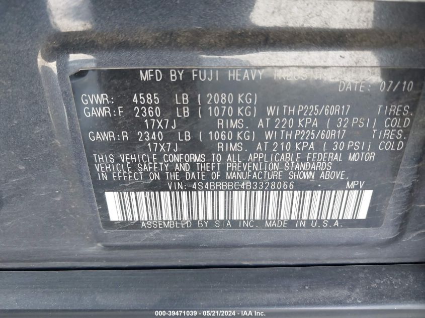 2011 Subaru Outback 2.5I Premium VIN: 4S4BRBBC4B3328066 Lot: 39471039