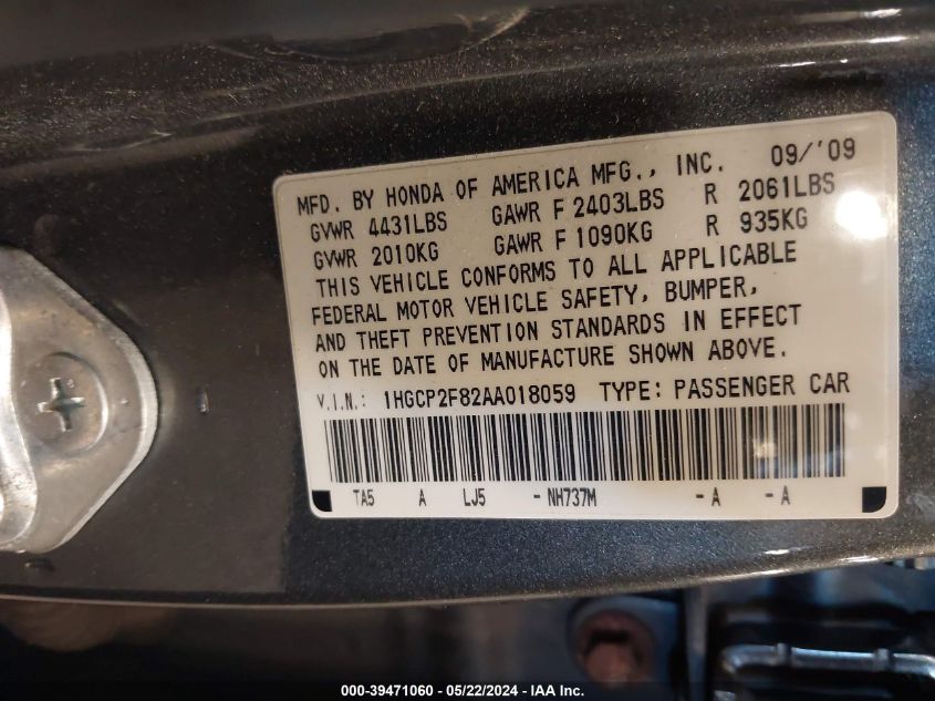 2010 Honda Accord 2.4 Ex-L VIN: 1HGCP2F82AA018059 Lot: 39471060