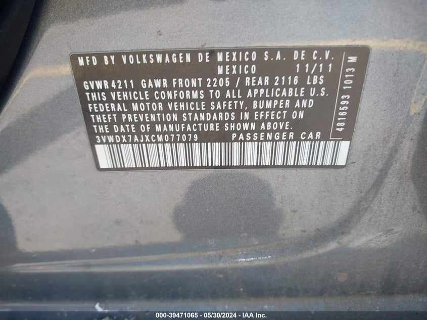 2012 Volkswagen Jetta 2.5L Se VIN: 3VWDX7AJXCM077079 Lot: 39471065