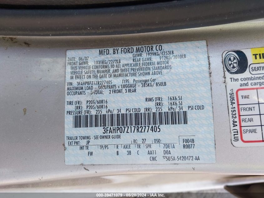 2007 Ford Fusion Se VIN: 3FAHP07Z17R277405 Lot: 39471079