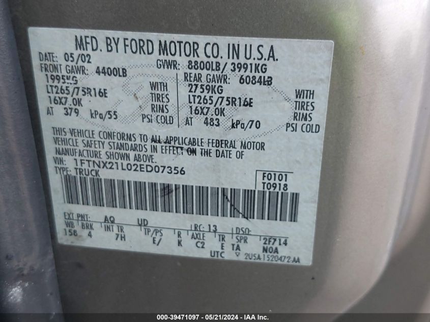 2002 Ford F-250 VIN: 1FTNX21L02ED07356 Lot: 39471097