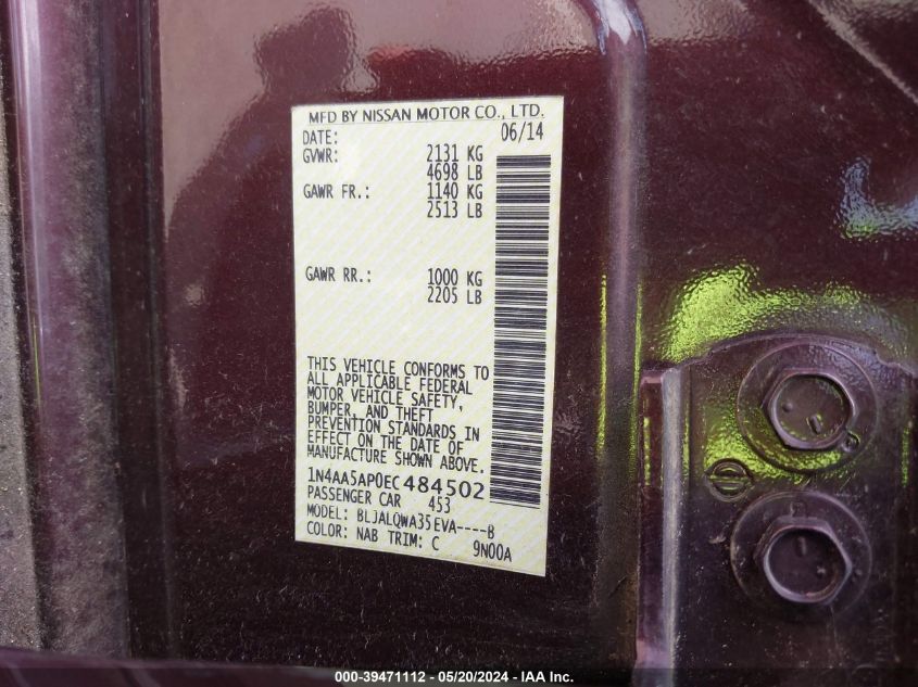 2014 Nissan Maxima 3.5 S VIN: 1N4AA5AP0EC484502 Lot: 39471112