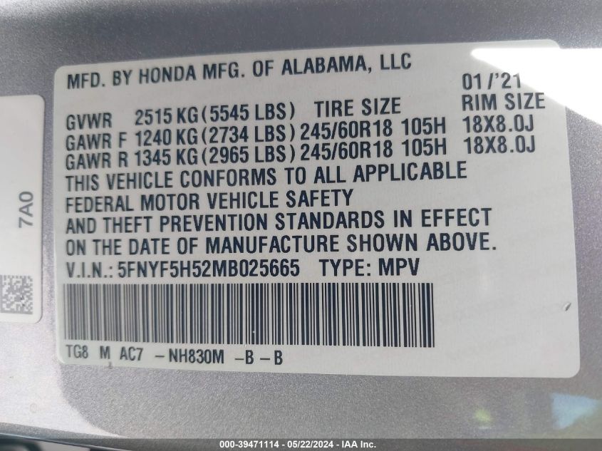 2021 Honda Pilot 2Wd Ex-L VIN: 5FNYF5H52MB025665 Lot: 39471114