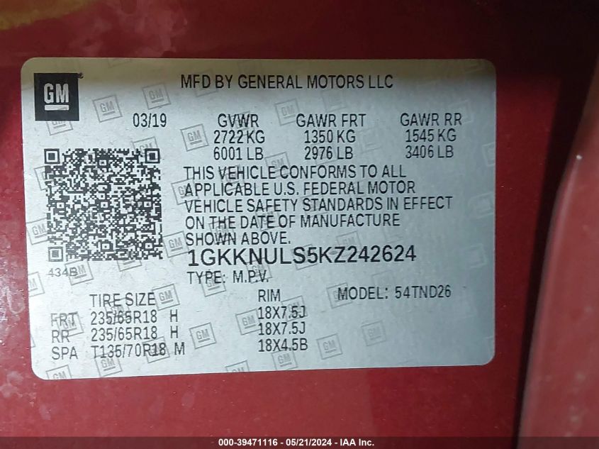 2019 GMC Acadia Slt-1 VIN: 1GKKNULS5KZ242624 Lot: 39471116