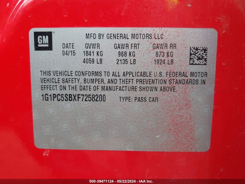 2015 Chevrolet Cruze 1Lt Auto VIN: 1G1PC5SBXF7258200 Lot: 39471124