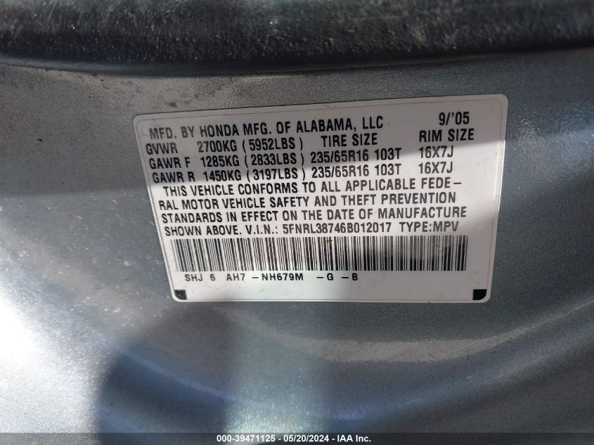 2006 Honda Odyssey Ex-L VIN: 5FNRL38746B012017 Lot: 39471125