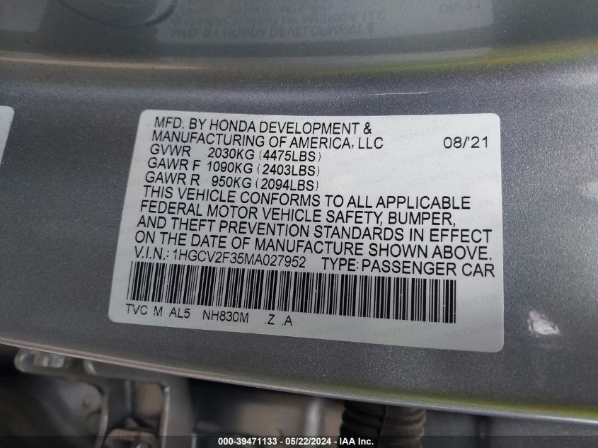 1HGCV2F35MA027952 2021 Honda Accord Sport 2.0T