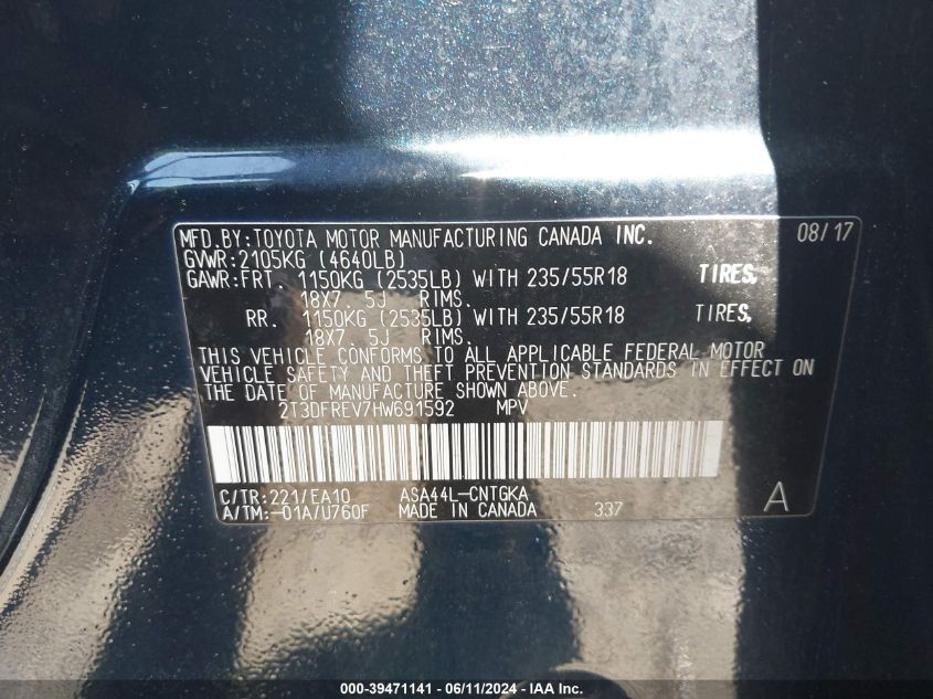 2017 Toyota Rav4 Platinum VIN: 2T3DFREV7HW691592 Lot: 39471141