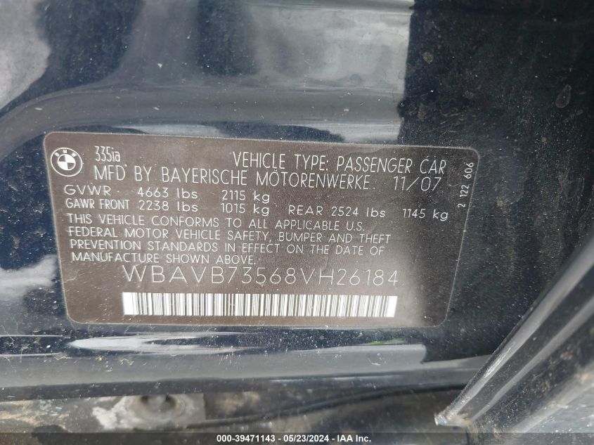 2008 BMW 335I VIN: WBAVB73568VH26184 Lot: 39471143