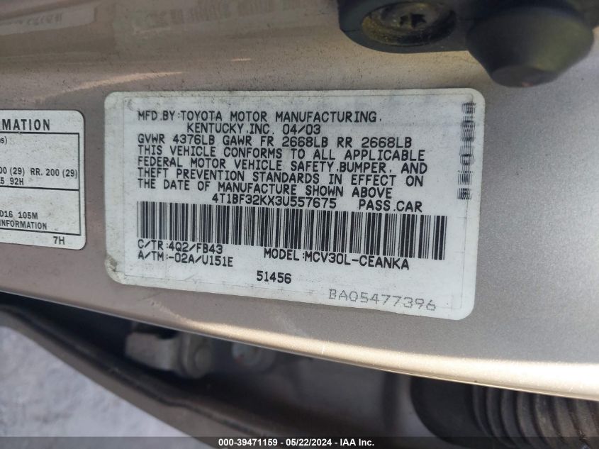 2003 Toyota Camry Le V6 VIN: 4T1BF32KX3U557675 Lot: 39471159