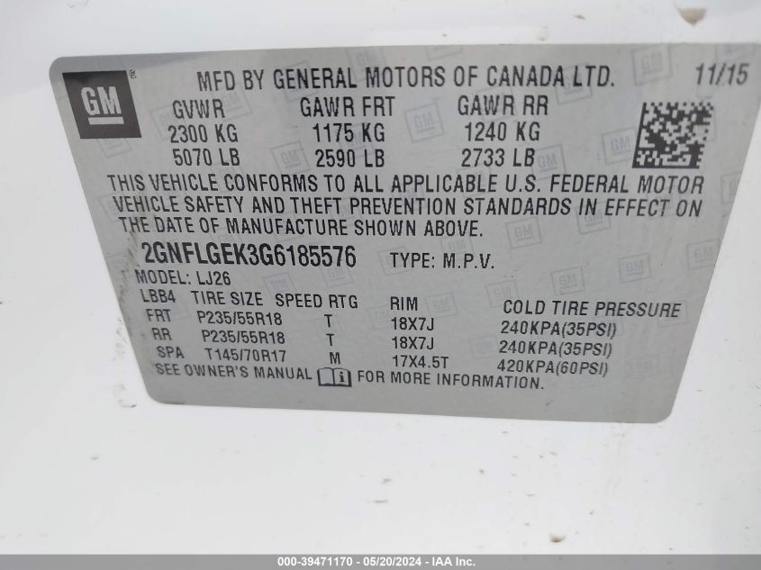 2016 Chevrolet Equinox Ltz VIN: 2GNFLGEK3G6185576 Lot: 39471170