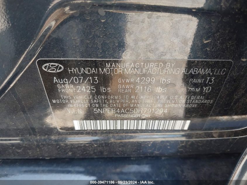 2013 Hyundai Sonata Gls VIN: 5NPEB4AC5DH791294 Lot: 39471186