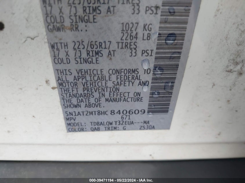 2017 Nissan Rogue Sv VIN: 5N1AT2MT8HC840609 Lot: 39471194