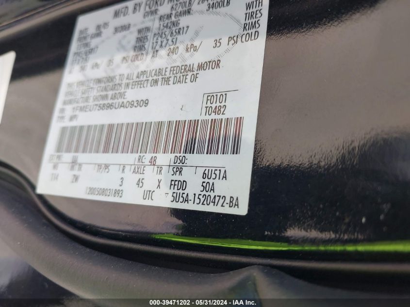 2006 Ford Explorer Limited VIN: 1FMEU75896UA09309 Lot: 39471202