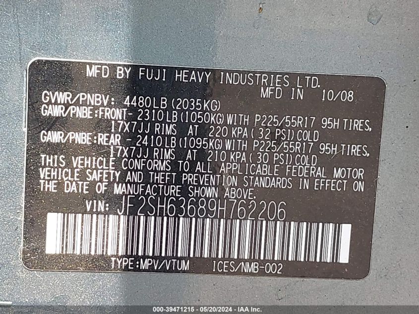 2009 Subaru Forester 2.5X VIN: JF2SH63689H762206 Lot: 39471215