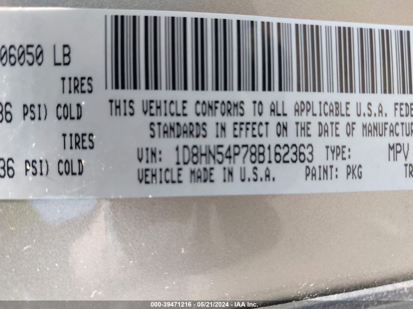 2008 Dodge Grand Caravan Sxt VIN: 1D8HN54P78B162363 Lot: 39471216